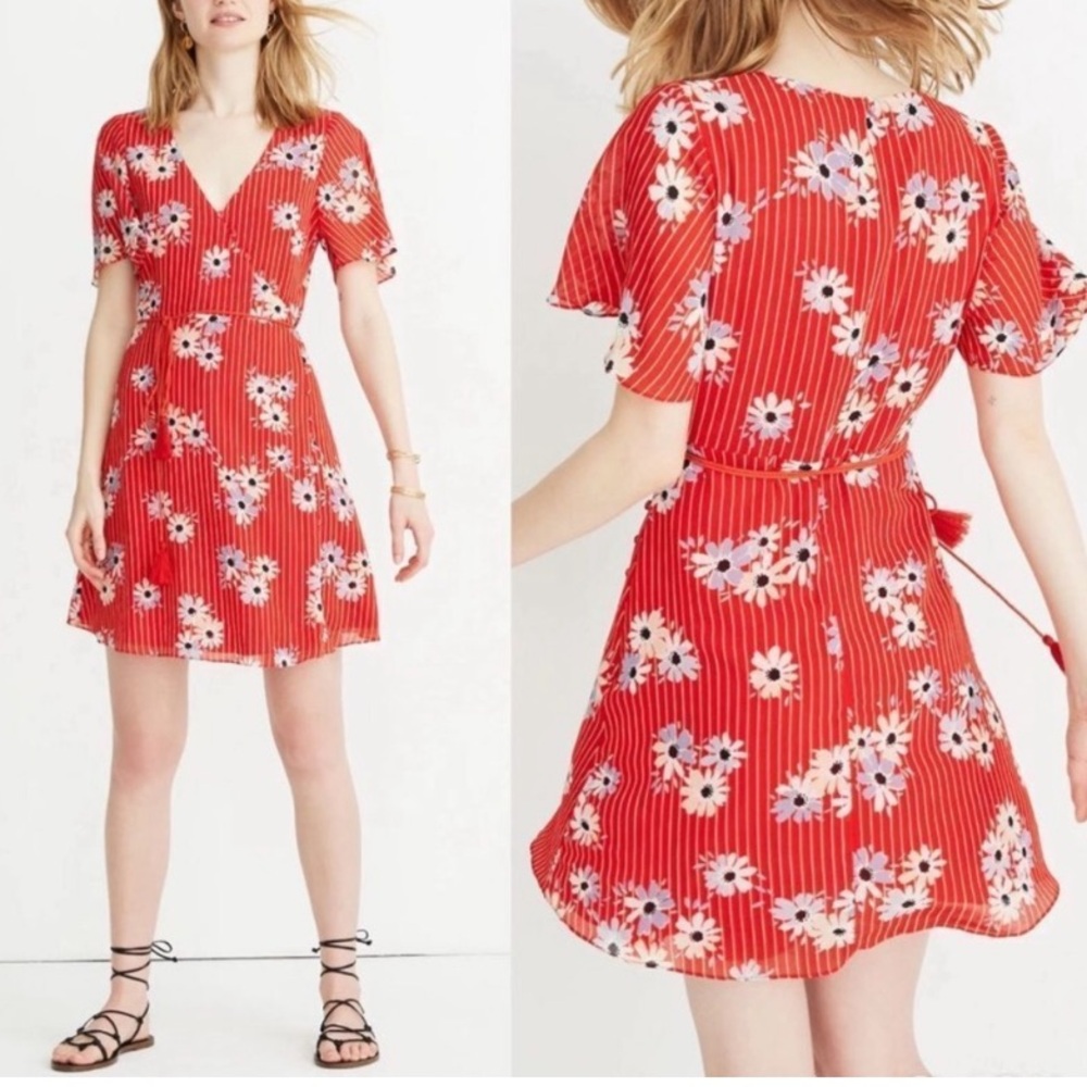 Madewell Red stripe Floral V-Neck wrap Dress mini sundress
